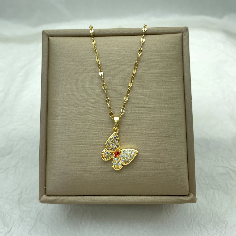 18K Gold Plated CZ Butterfly Pendant Necklace | Stainless Steel Chains