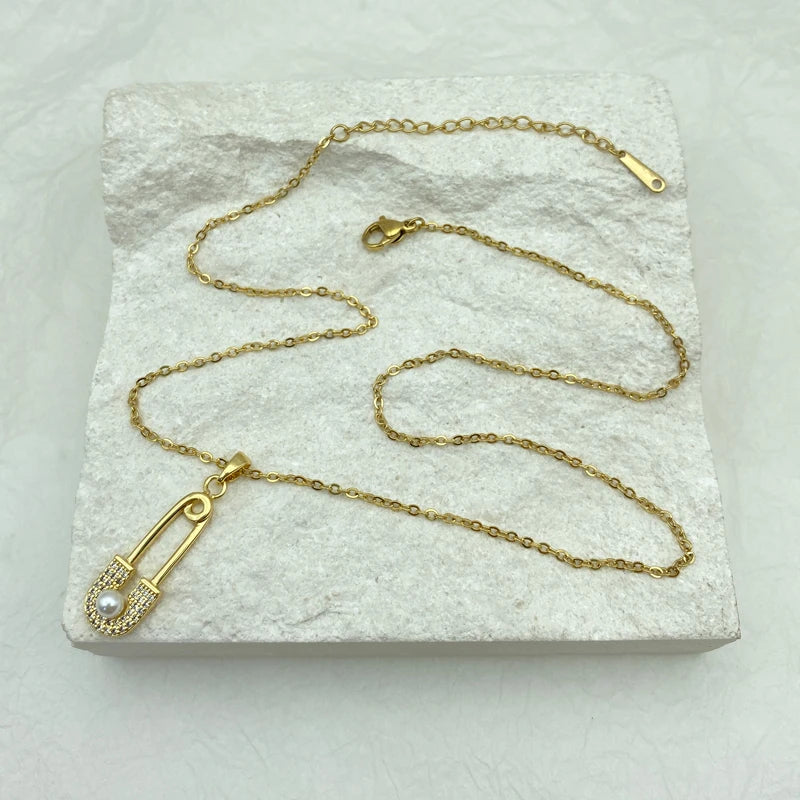 Pin Shaped Pendant With Pearl Gold Plated Stainless Steel Necklaces For Women Gift Fashion  Steel Jewelry Cute Style