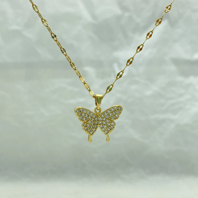 Gold Plated Necklace for Woman Gift With Stainless Steel Chain And Butterfly Zircon Pendant Fashion Jewelry