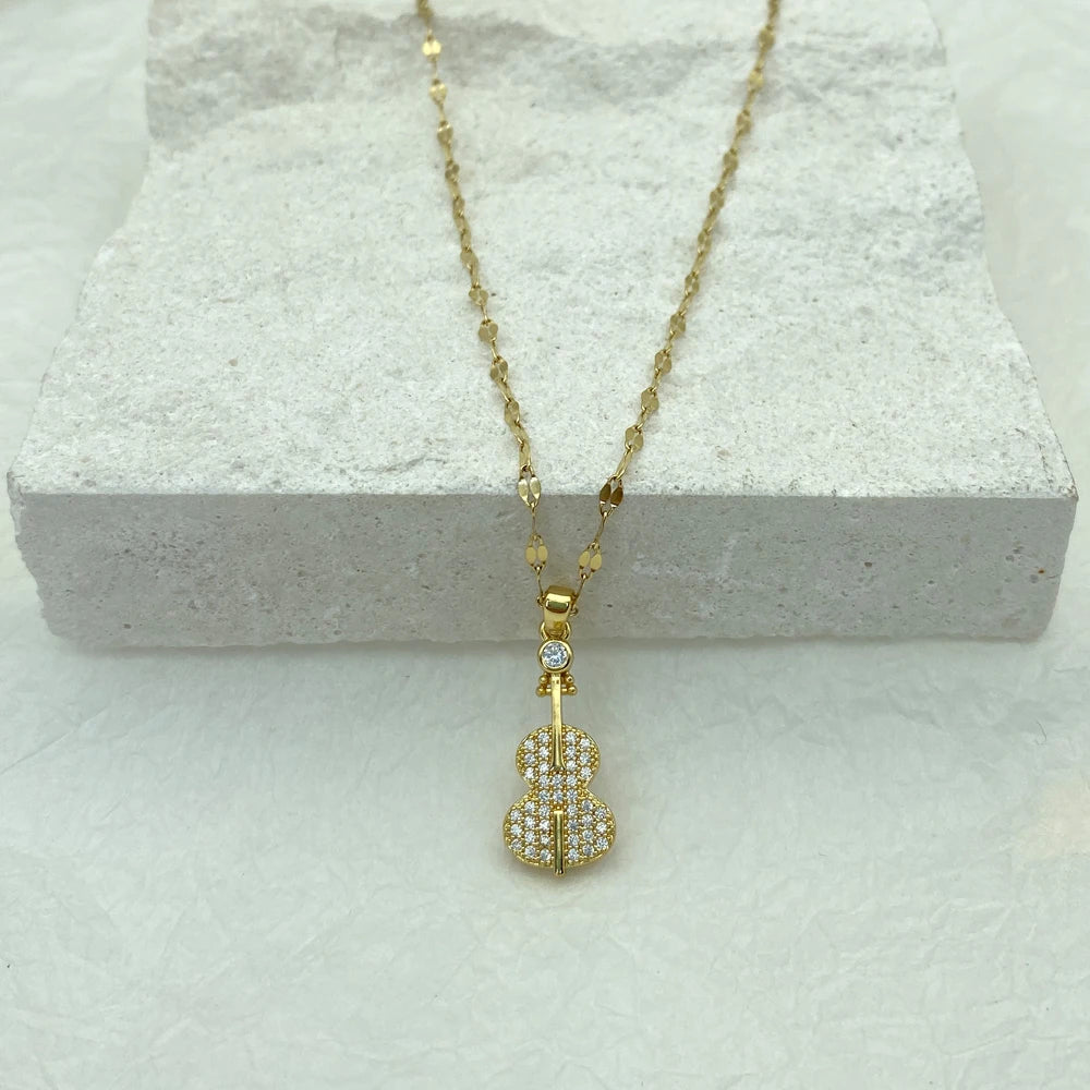 Violin Pendant Necklace for Women 2021 Jewelry  Gold Plated Titanium Steel Cute Necklace Luxury Choker Japanese Korean Wholesale