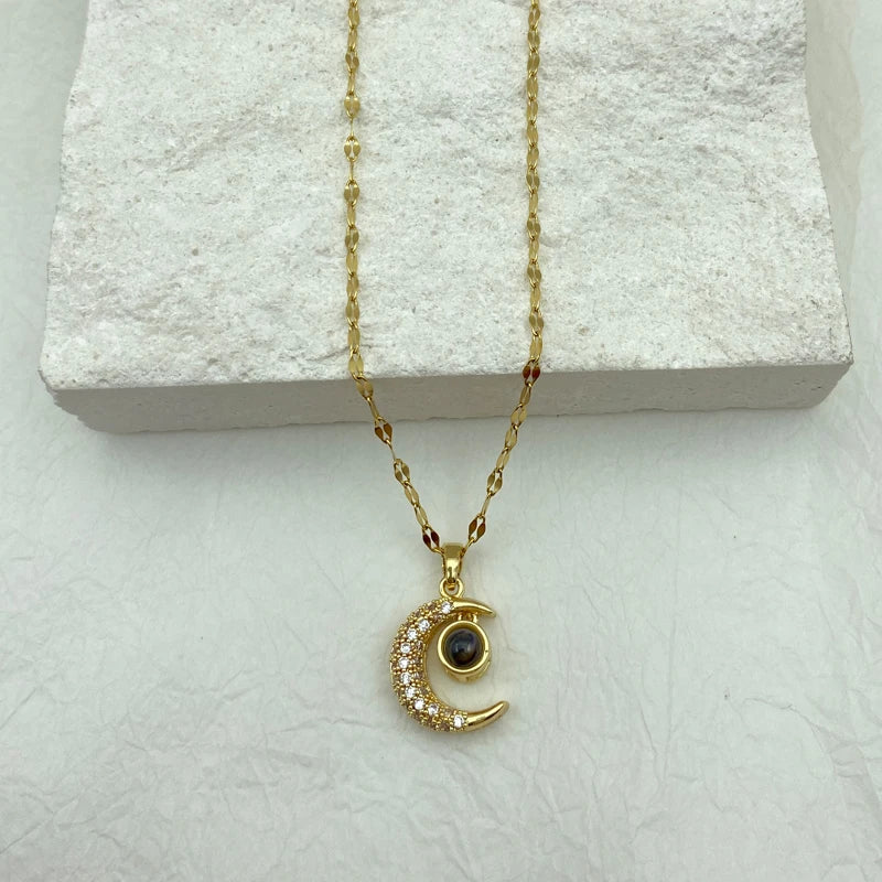 Pave CZ Crescent Moon & Projection Stone Pendant Necklace | Stainless Steel