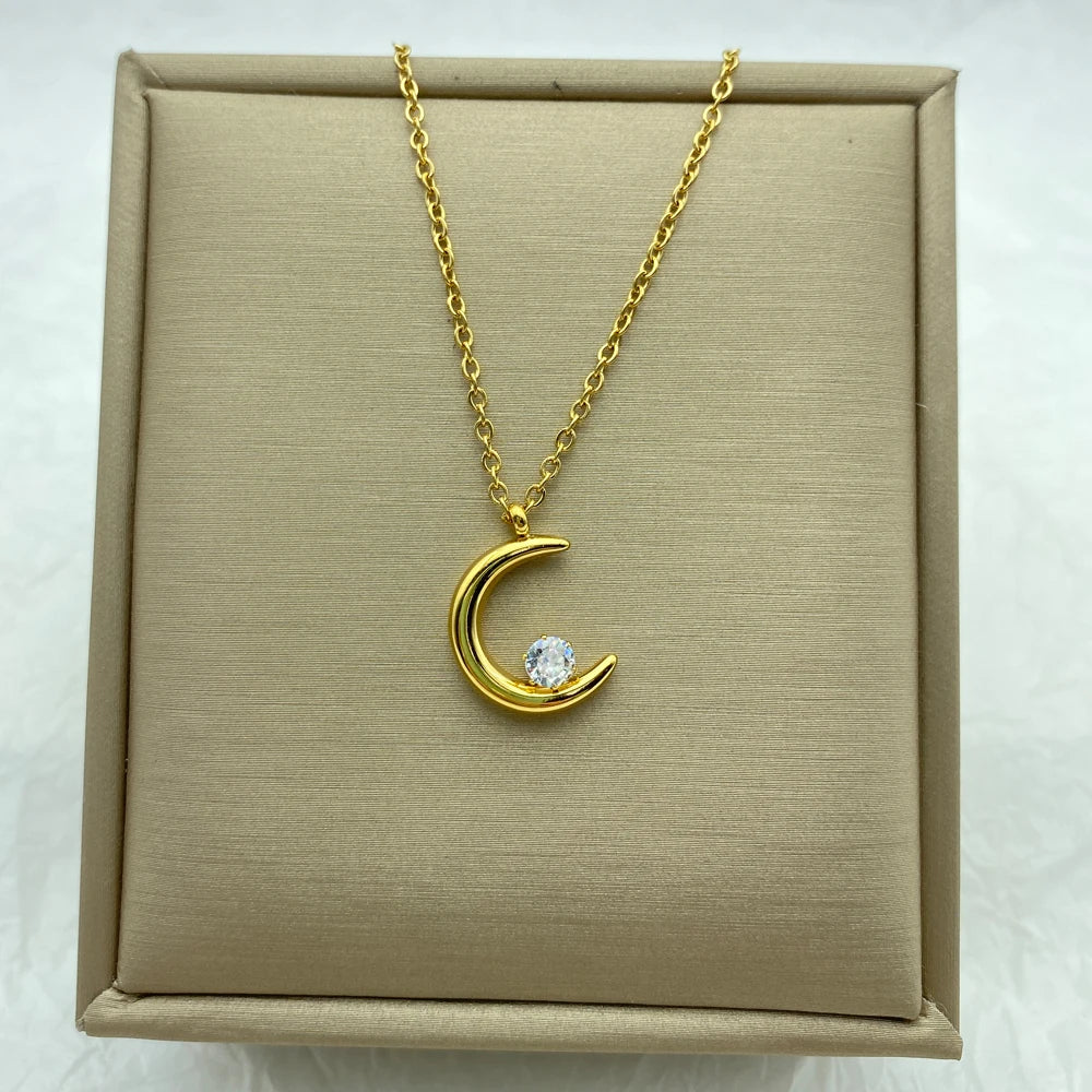 Moon Pendant With Zircon Stainless Steel Necklace For Women