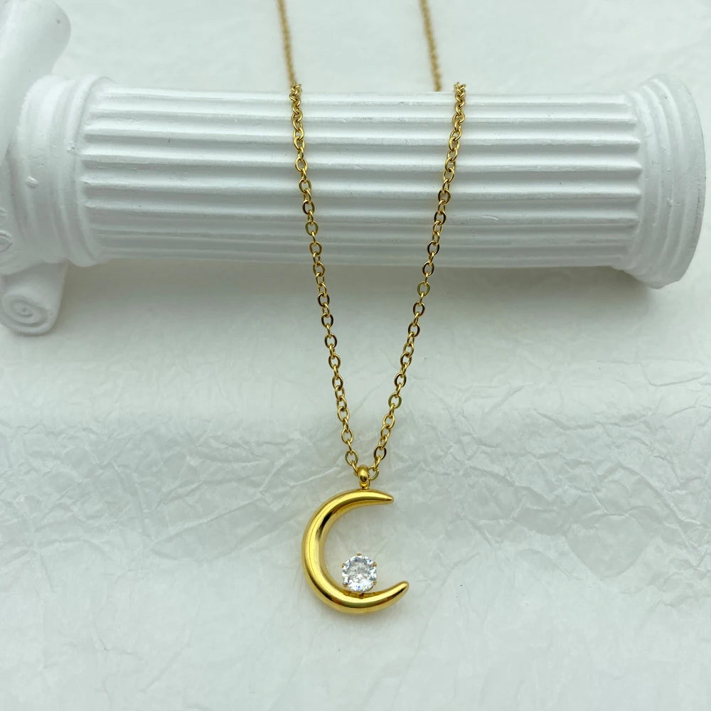 Moon Pendant With Zircon Stainless Steel Necklace For Women