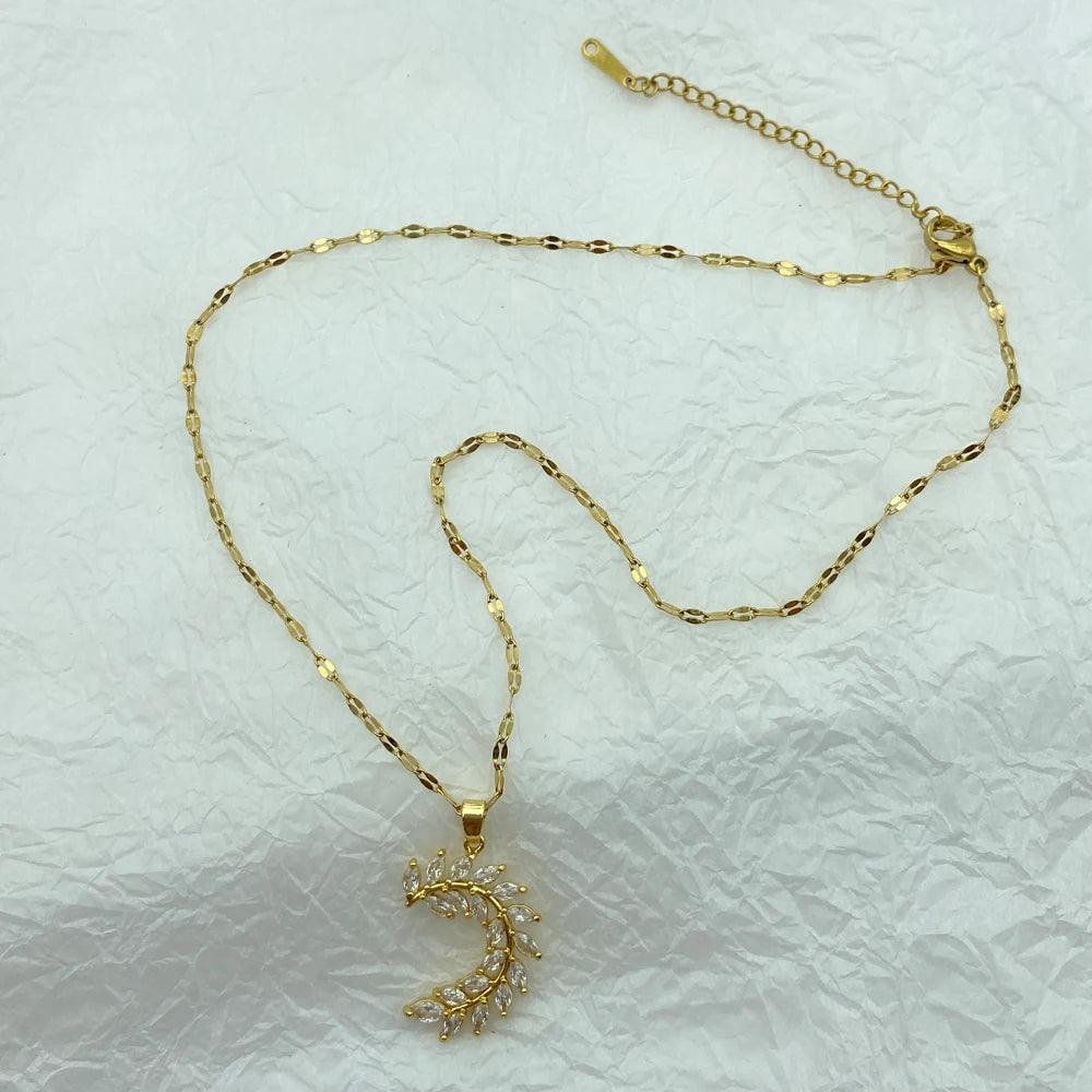 Gold Plated Olive Branch Pendant Stainless Steel Necklace For Women