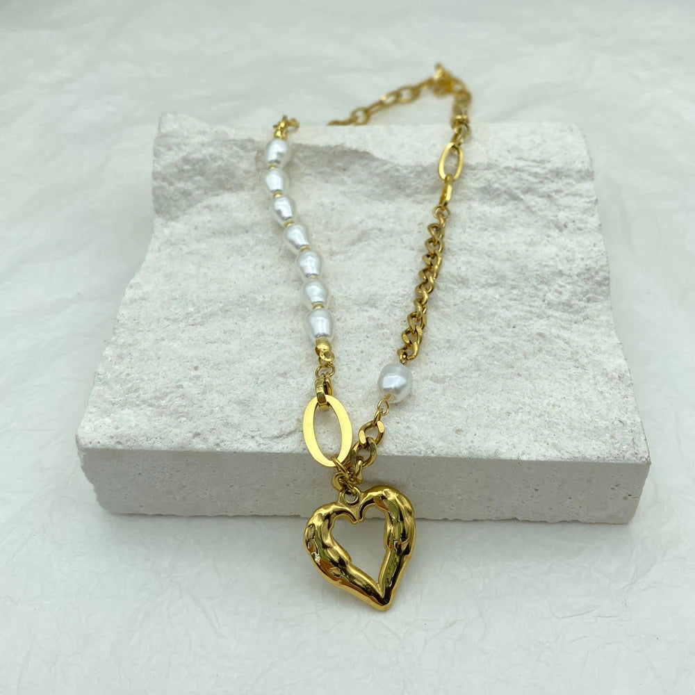 Cuba Spliced Chain Stainless Steel Necklacet simulated Pearl Necklace