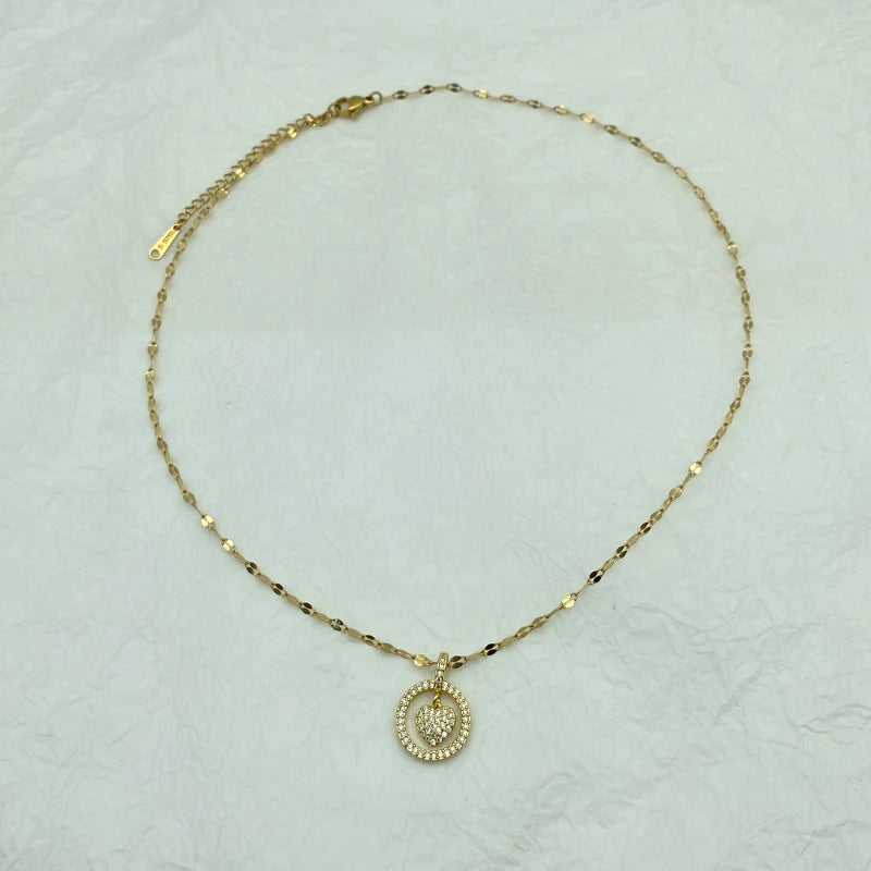 CZ Pave Heart Circle Pendant Necklace | Puffy Heart Halo Charm Stainless Steel