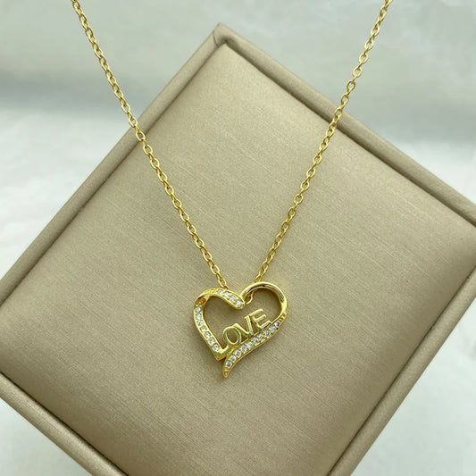 Gold Plated Stainless Steel Necklace With Hollow heart Pendant Necklaces for Women Fashion Jewelry