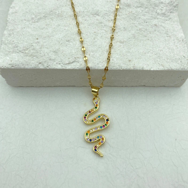 Gold Rainbow CZ Snake Charm Necklace | Stainless Steel Chain