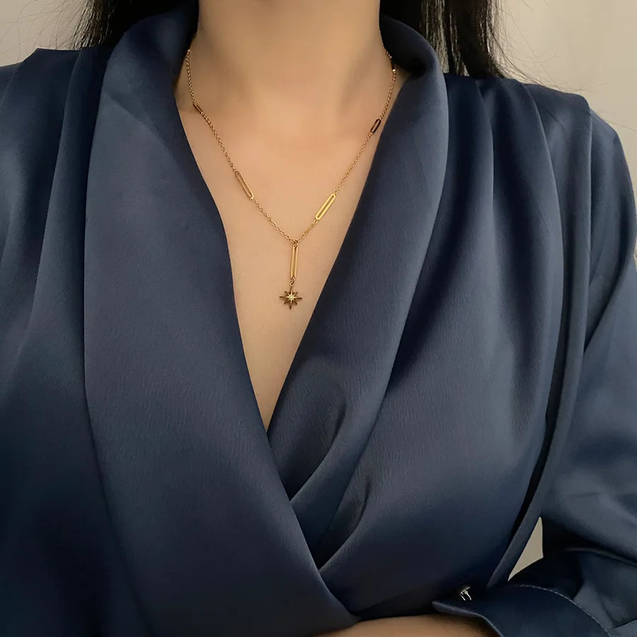 North Star Pendant Lariat Necklace | 18K Gold Plated Stainless Steel