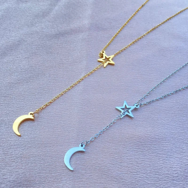 Star Moon Drop Lariat Necklace | 18K Gold Plated Stainless Steel