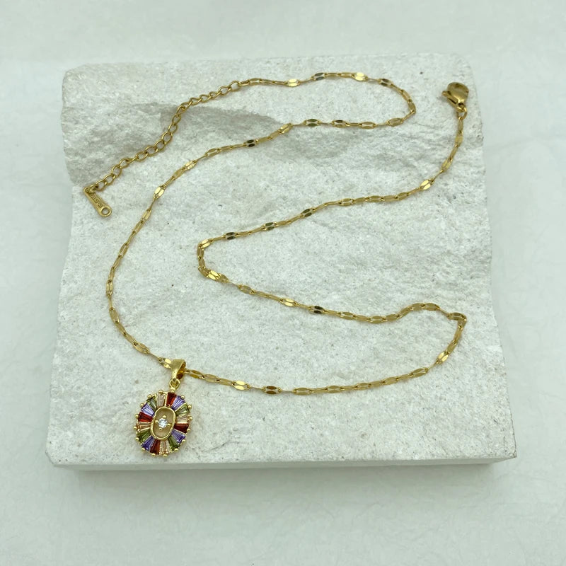 Gold Colorful Baguette CZ Sunburst Oval Pendant Necklace |  Stainless Steel Chain