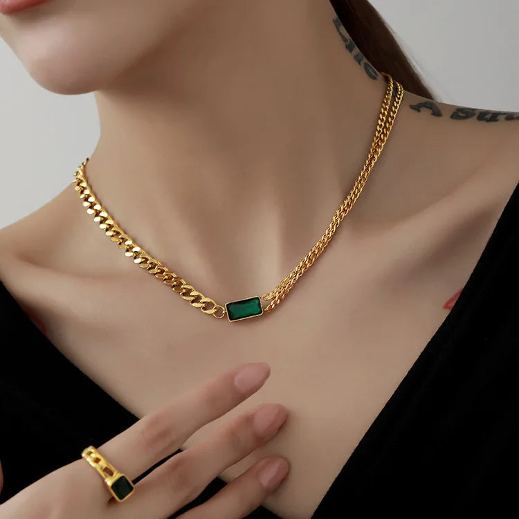 Cuban Chain Stainless Steel Necklace With Emerald Green Rectangle Stone