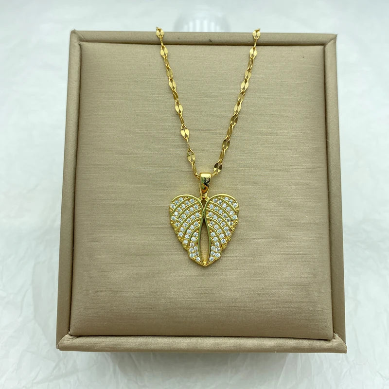 Gold CZ Angel Wing Heart Pendant Necklace | Stainless Steel Chain