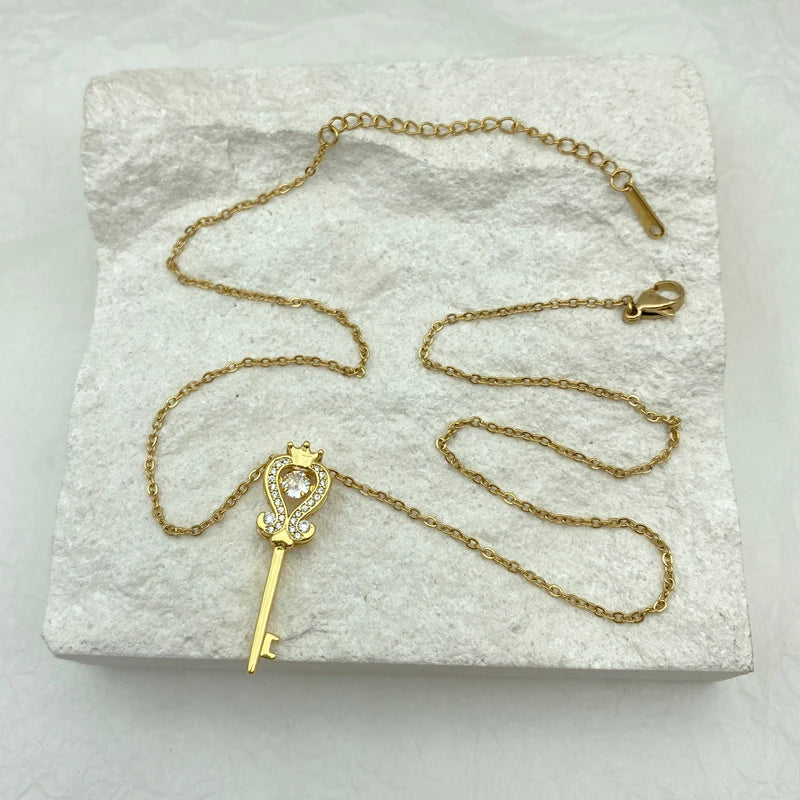 Crown Heart Key Pendant Necklace | Copper CZ | Stainless Steel Chain