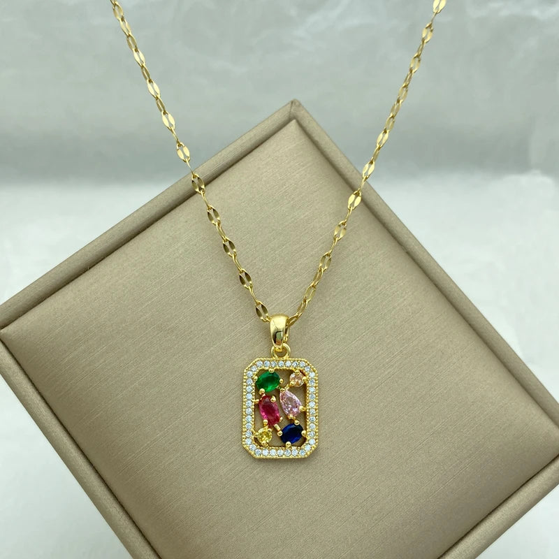 Gold Plated Stainless Steel Necklaces For Women With Square Shaped Pendant With Red Green Pink Zircons New In Style