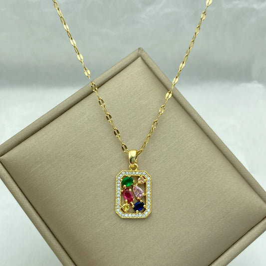 Gold Plated Stainless Steel Necklaces For Women With Square Shaped Pendant With Red Green Pink Zircons New In Style
