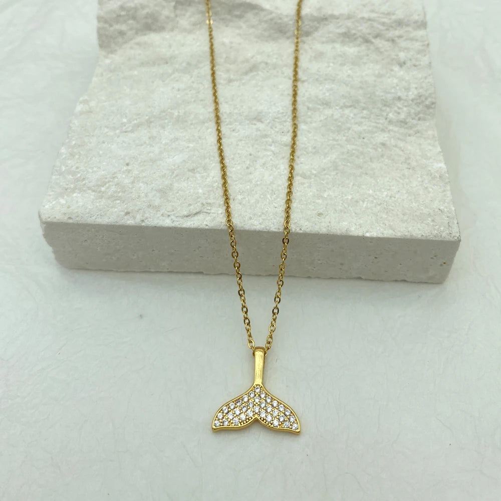 Gold Mermaid Whale Tail Pave CZ Crystal Pendant Necklace For Women