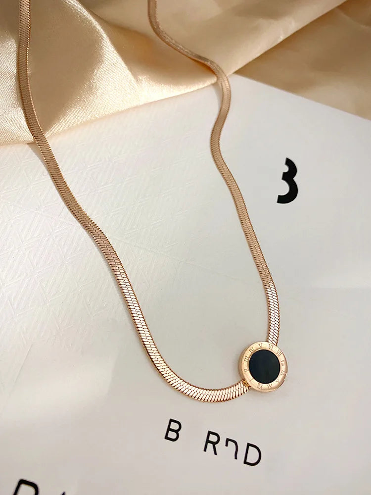 18K Gold Plated Black Onyx Round Pendant Herringbone Chain Necklace | Stainless Steel