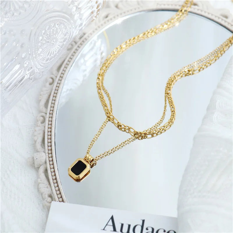 Layered Stainless Steel Square Pendants Necklace for Women