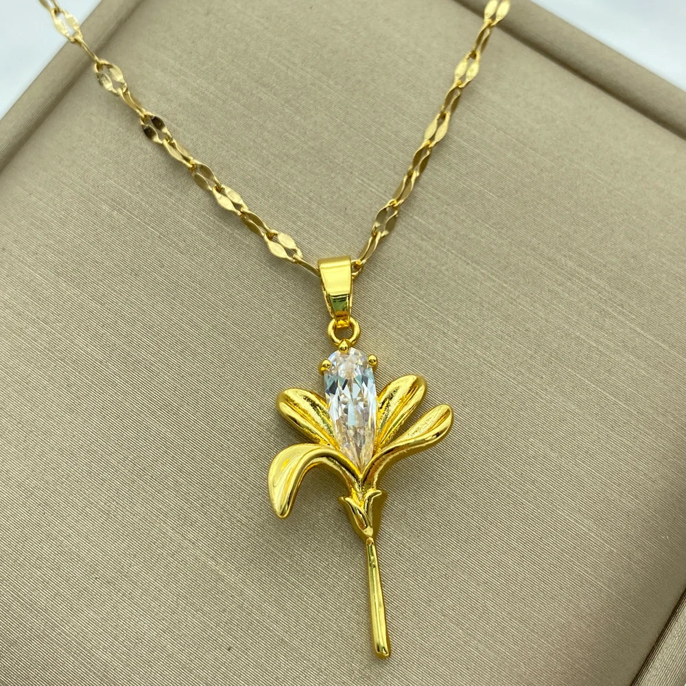 8K Gold Plated Tulip Flower Pendant Necklace | Stainless Steel Chain