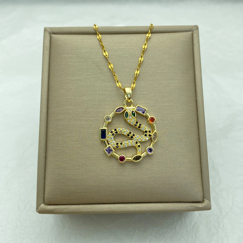 Gold Plated Stainless Steel Necklace For Women With A Big Round Shaped Snake Pendant Fashion  jewelry New In