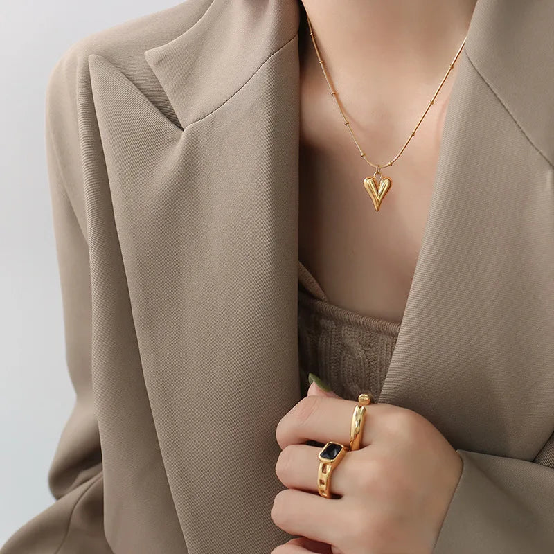 3D Heart Pendant Necklace with Satellite Snake Chain | 18K Gold Plated Stainless Steel