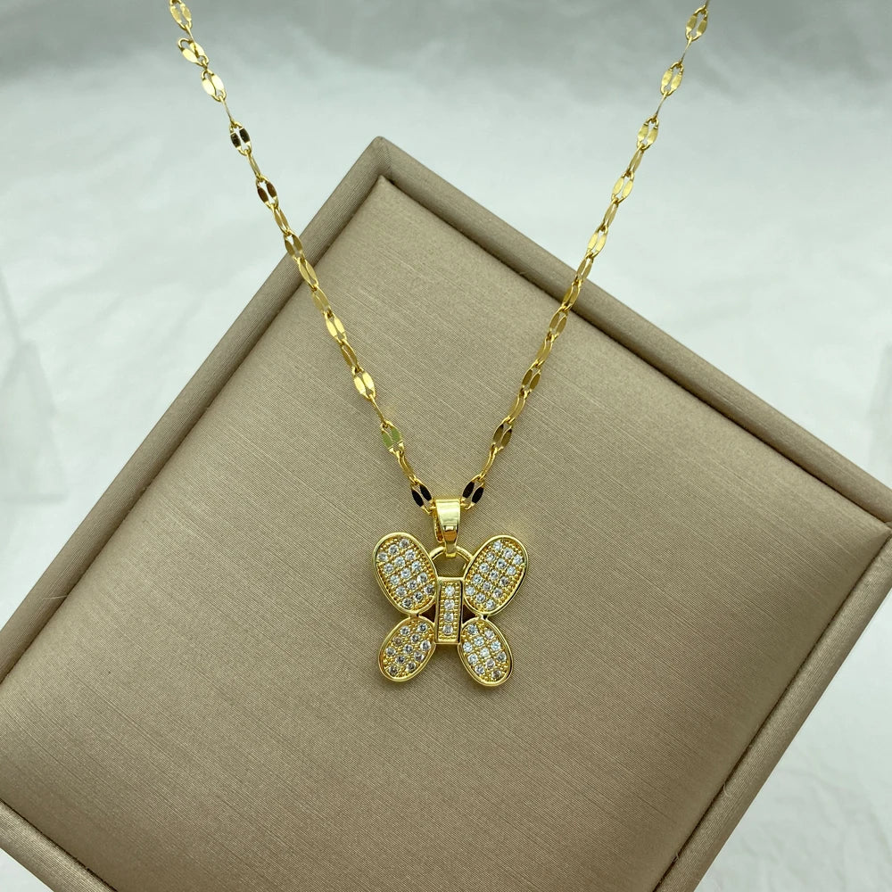 8K Gold Plated Pave CZ Butterfly Pendant Necklace | Stainless Steel Chain