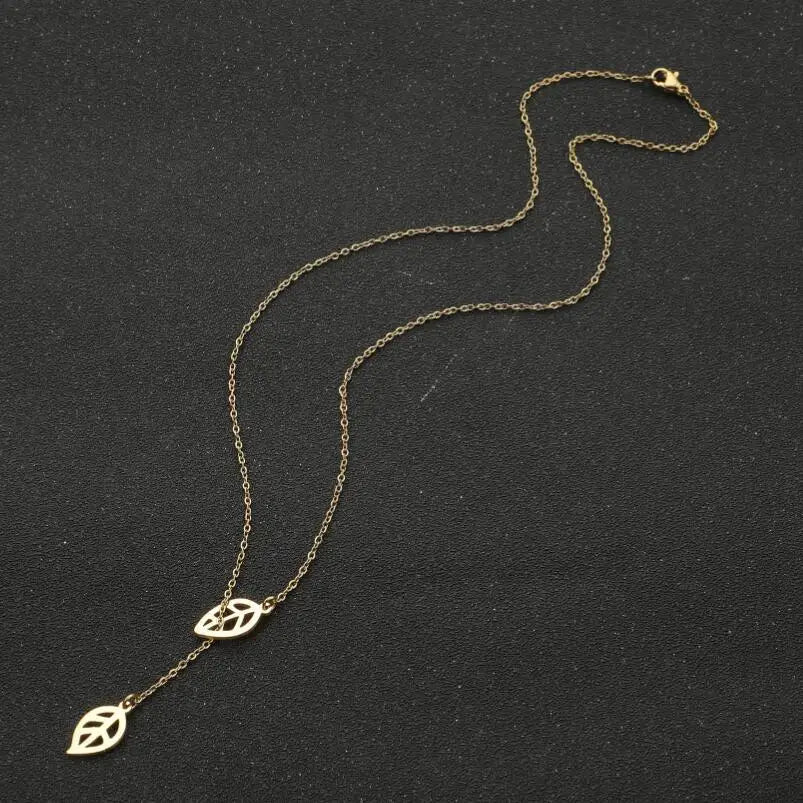 Gold Plated Hollow Leaf Lariat Y-Drop Necklace | Stainless Steel