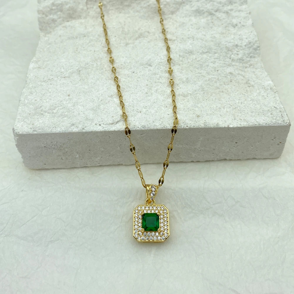 Gold Plated  Green Square Zircon Pendant Necklace For Women