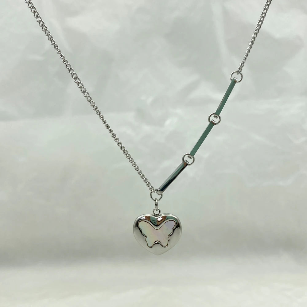 3D Puffy Butterfly Pendant Necklace | Silver Stainless Steel | Cuban Chain
