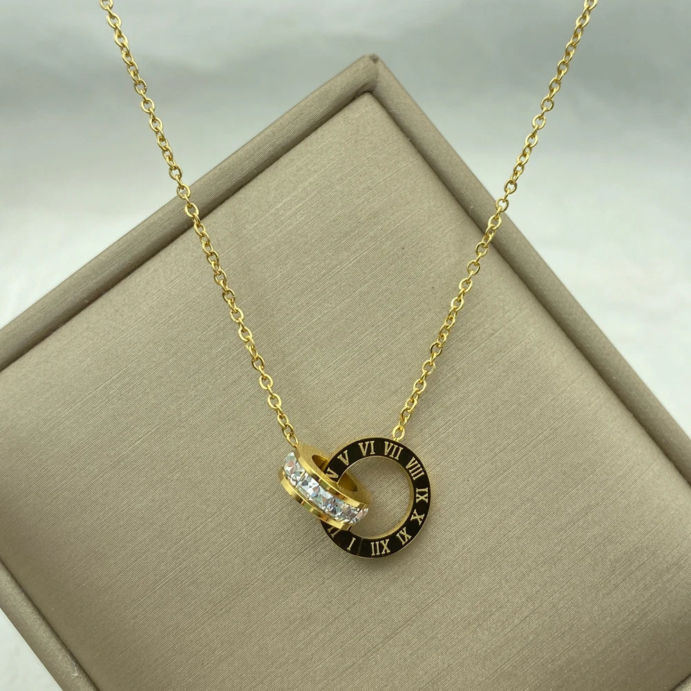 Gold Plated Silver Color Stainless Steel Necklace for Women Ring Pendants with Zircons Luxury Stainless Steel Jewelry for Summer