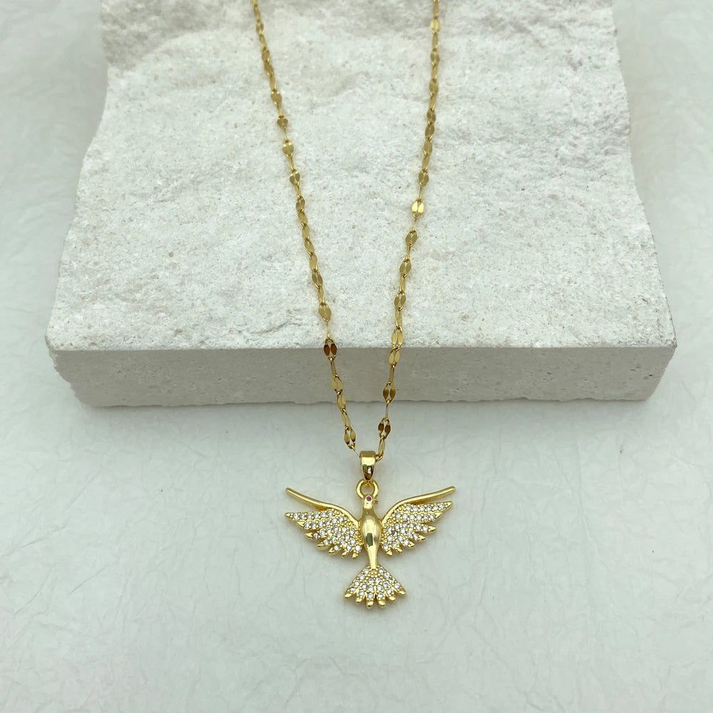 Gold Plated Eagle With Zircons Stainless Steel Necklaces For Women Gifts Fashion Jewerly Accessories Cute Bird Necklace New In