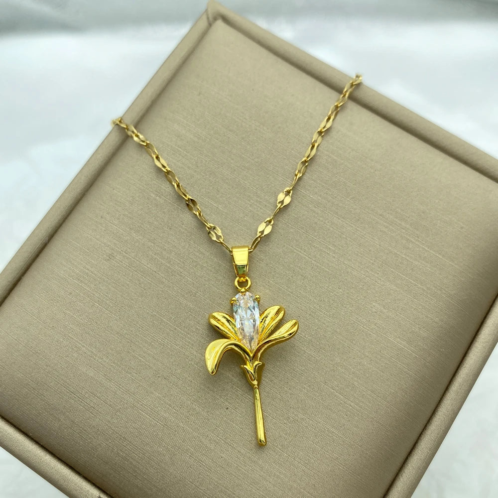 8K Gold Plated Tulip Flower Pendant Necklace | Stainless Steel Chain