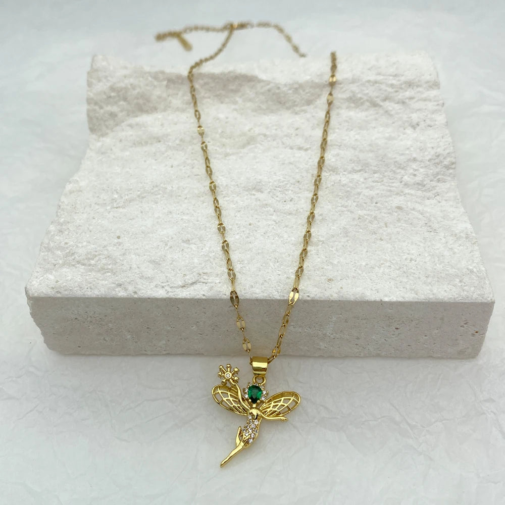 Gold Fairy Hummingbird Pendant Necklace |Stainless Steel Chains