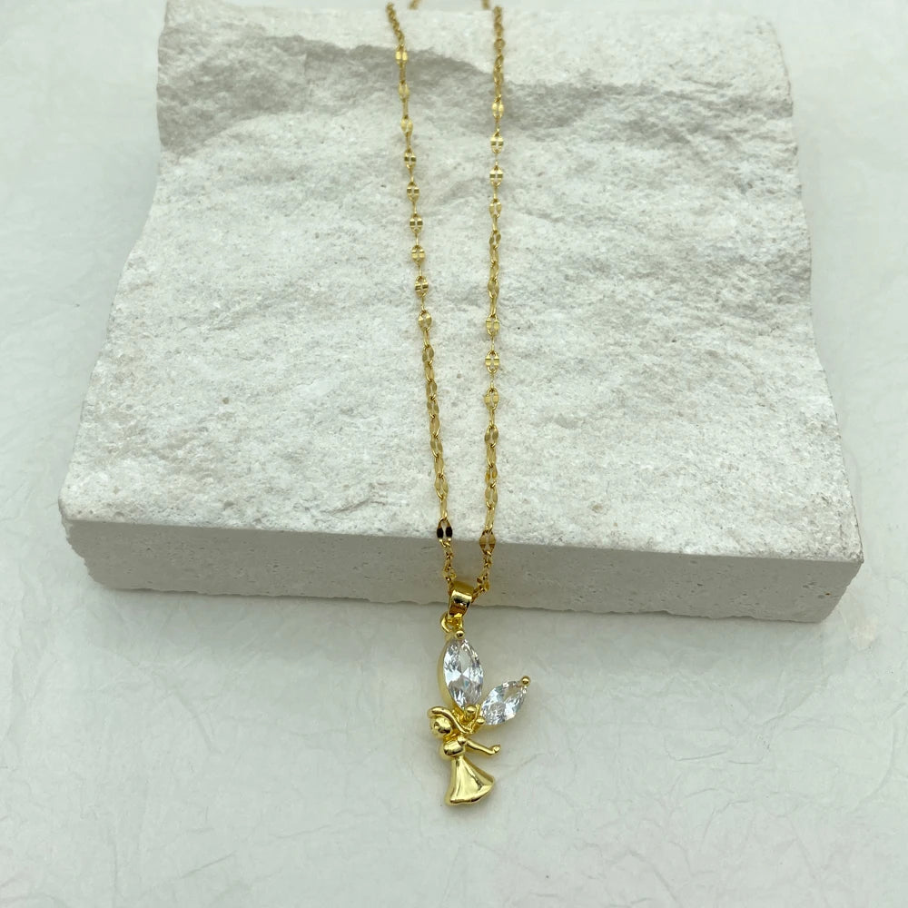 Angel Girl CZ Pendant Necklace 18K Gold Plated Stainless Steel Chain
