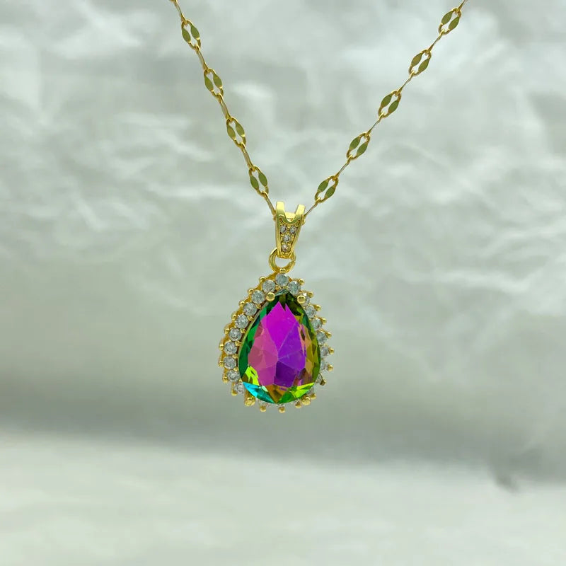 Gold Plated Stainless Steel Necklace With Colorful Water Drop Pendant Necklace For Women With  Stainless Steel  Fashion Jewelry