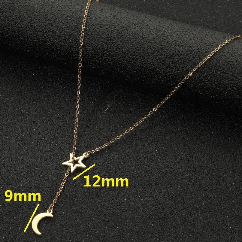 Star Moon Drop Lariat Necklace | 18K Gold Plated Stainless Steel