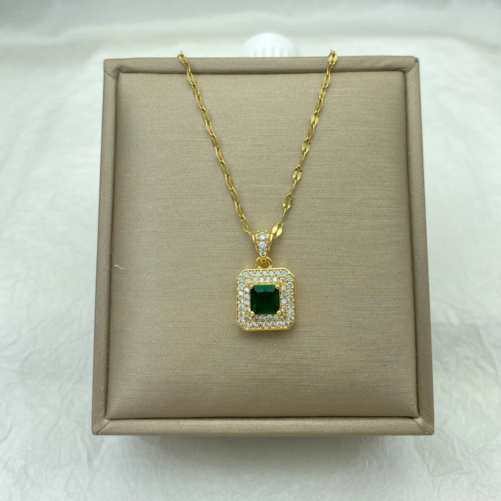 Gold Plated  Green Square Zircon Pendant Necklace For Women