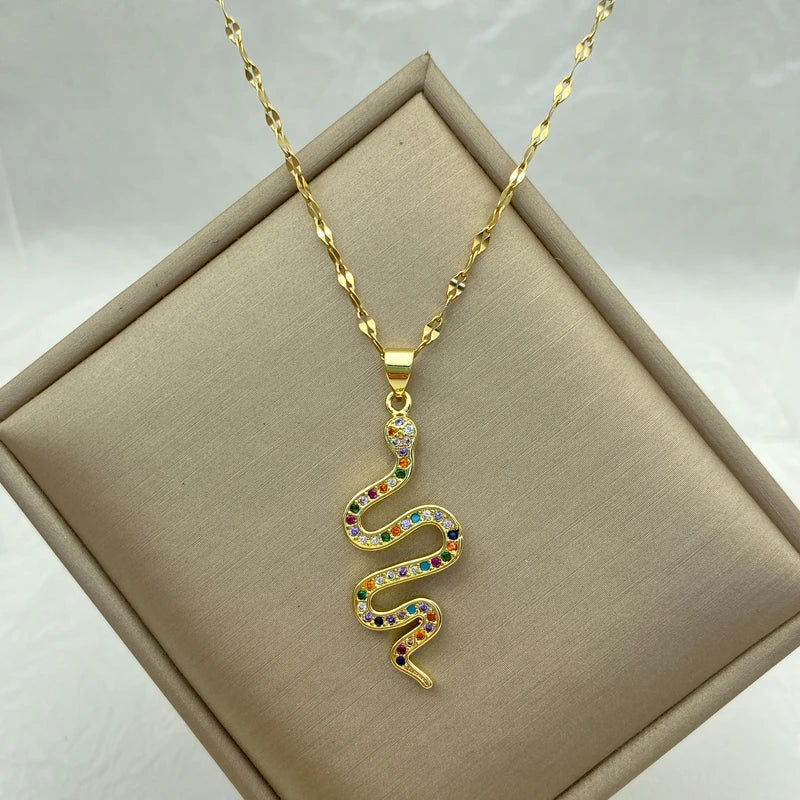 Gold Rainbow CZ Snake Charm Necklace | Stainless Steel Chain