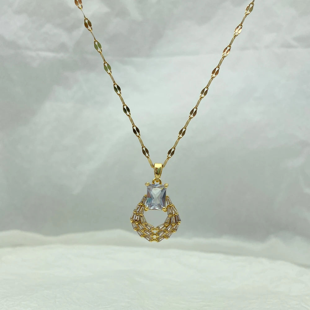 Gold Crystal Wreath Pendant Necklace |18K Gold Plated Stainless Steel Chains