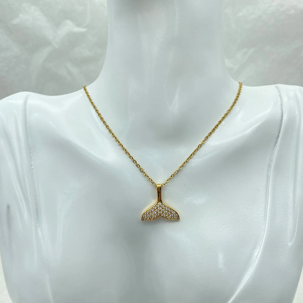 Gold Mermaid Whale Tail Pave CZ Crystal Pendant Necklace For Women