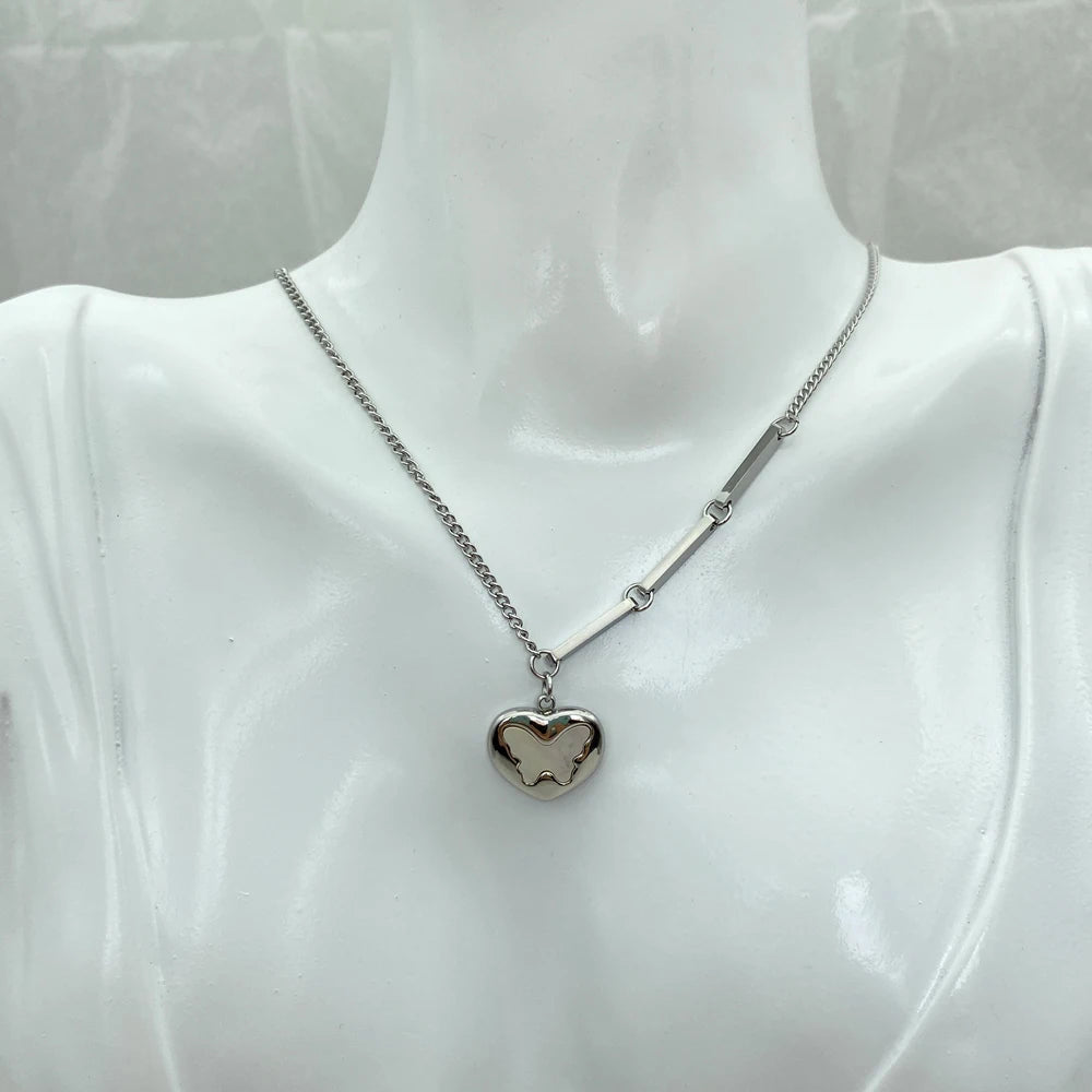 3D Puffy Butterfly Pendant Necklace | Silver Stainless Steel | Cuban Chain