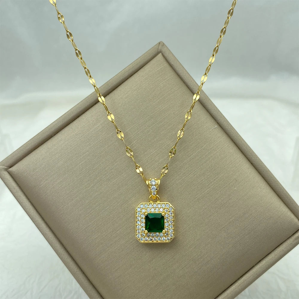 Gold Plated  Green Square Zircon Pendant Necklace For Women