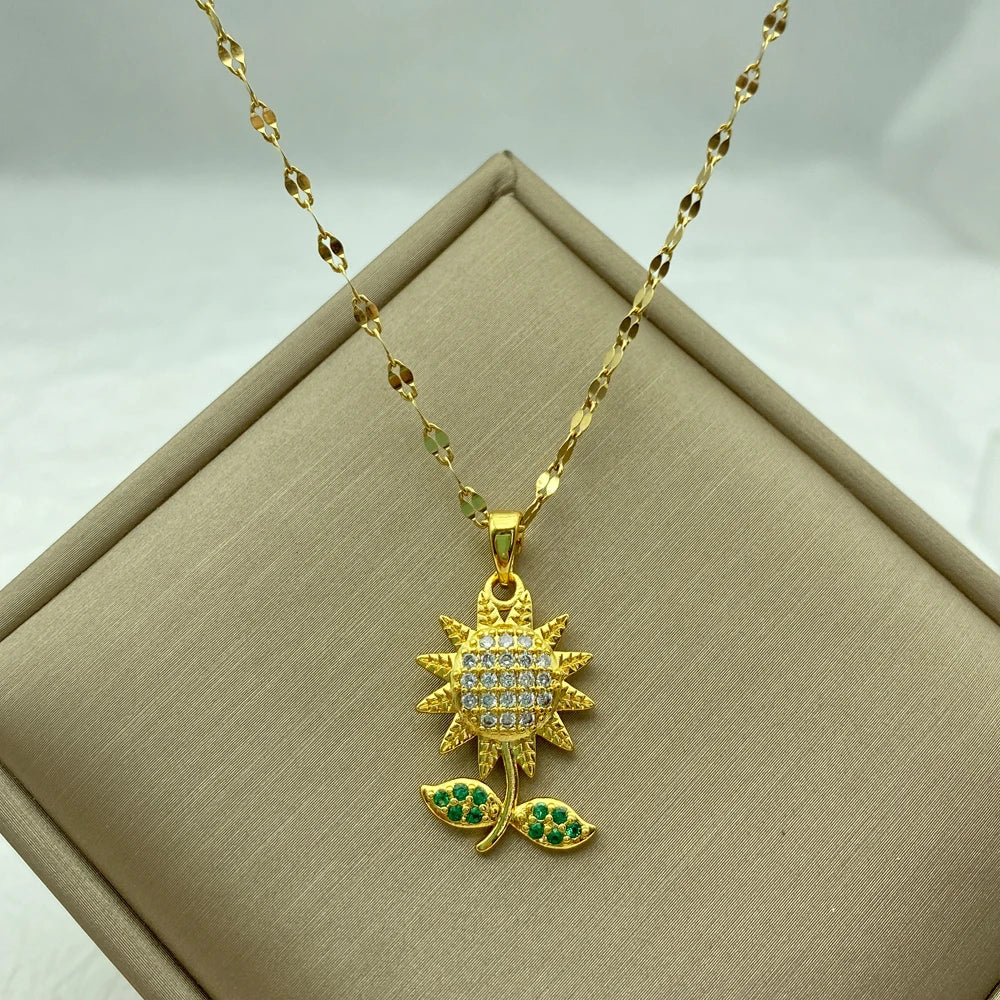 CZ Sunflower Pendant Necklace with Emerald Green Leaf | Stainless Steel Chain