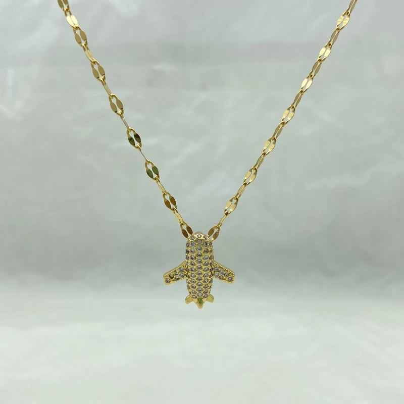 Pave CZ Airplane Pendant Necklace | 18K Gold Plated Stainless Stee