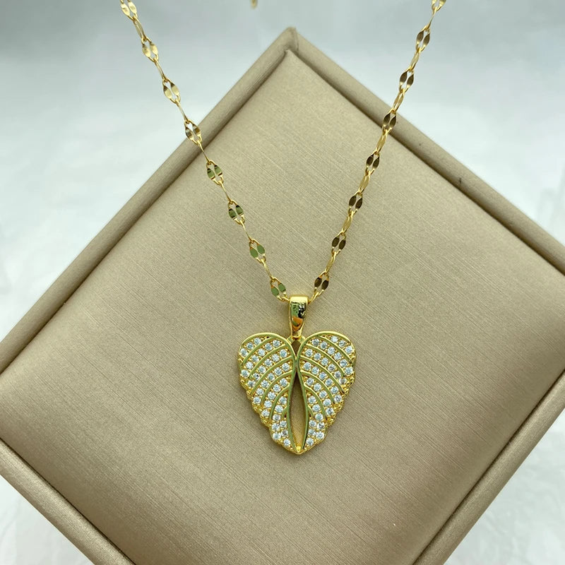 Gold CZ Angel Wing Heart Pendant Necklace | Stainless Steel Chain