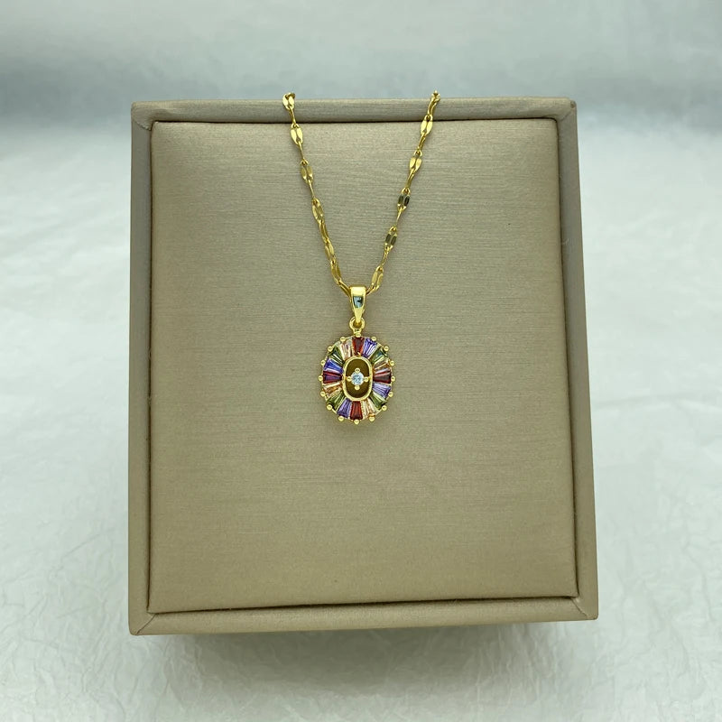 Gold Colorful Baguette CZ Sunburst Oval Pendant Necklace |  Stainless Steel Chain