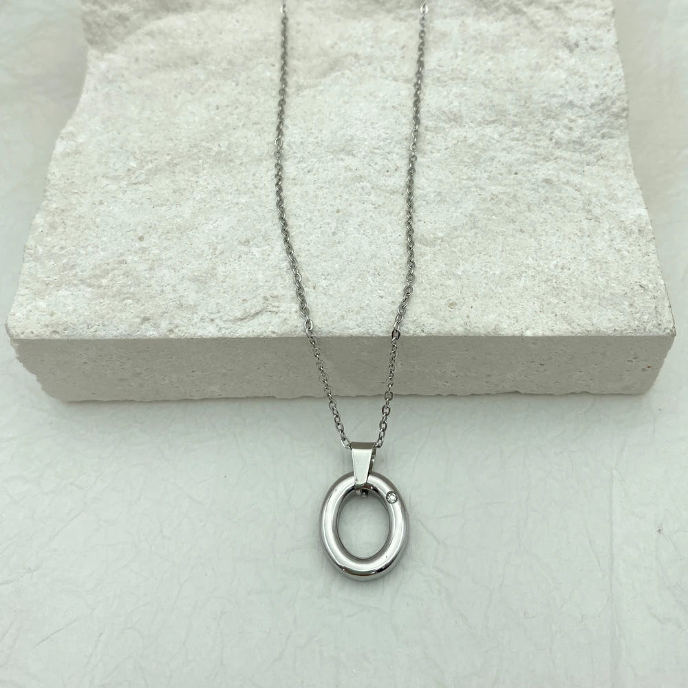 Minimalist Oval Circle Pendant Necklace | Silver Stainless Steel Chains|