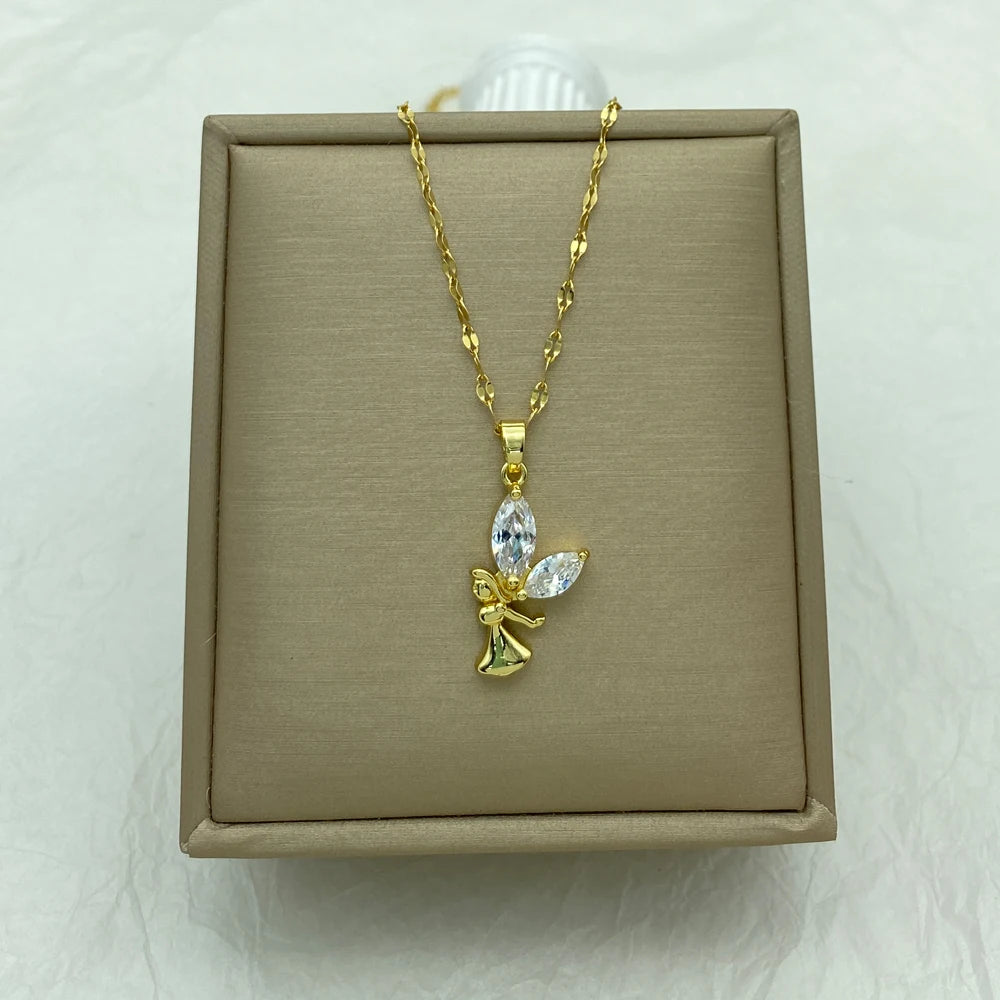Angel Girl CZ Pendant Necklace 18K Gold Plated Stainless Steel Chain