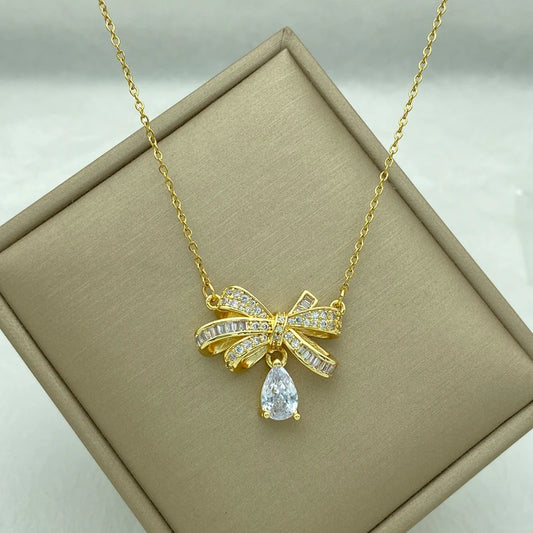 Gold Plated Big Bowknot With A Water Drop Stainless Steel Necklaces New In Fashion Jewelry Cute Style Luxury Design